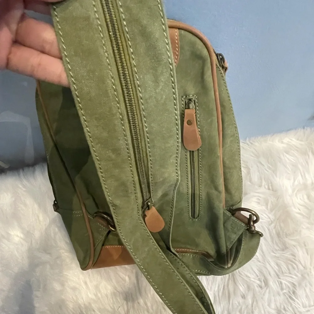 Vintage Yager Taiwan Green Brown Suede Multi Way Sling Backpack Crossbody Bag !